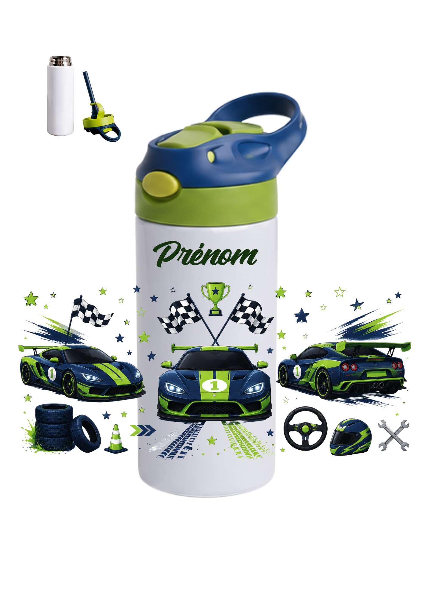Gourde enfant vert et bleu "Voiture"