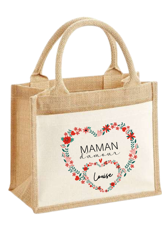 Sac en toile de jute "Coeur Maman" Personnalisable