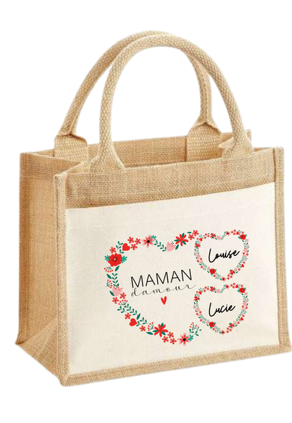 Sac en toile de jute "Coeur Maman" Personnalisable