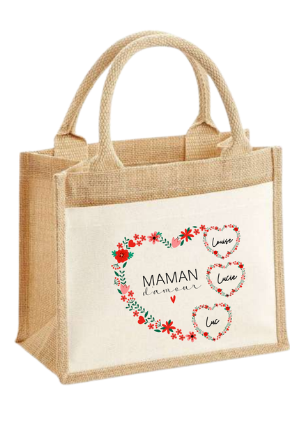 Sac en toile de jute "Coeur Maman" Personnalisable