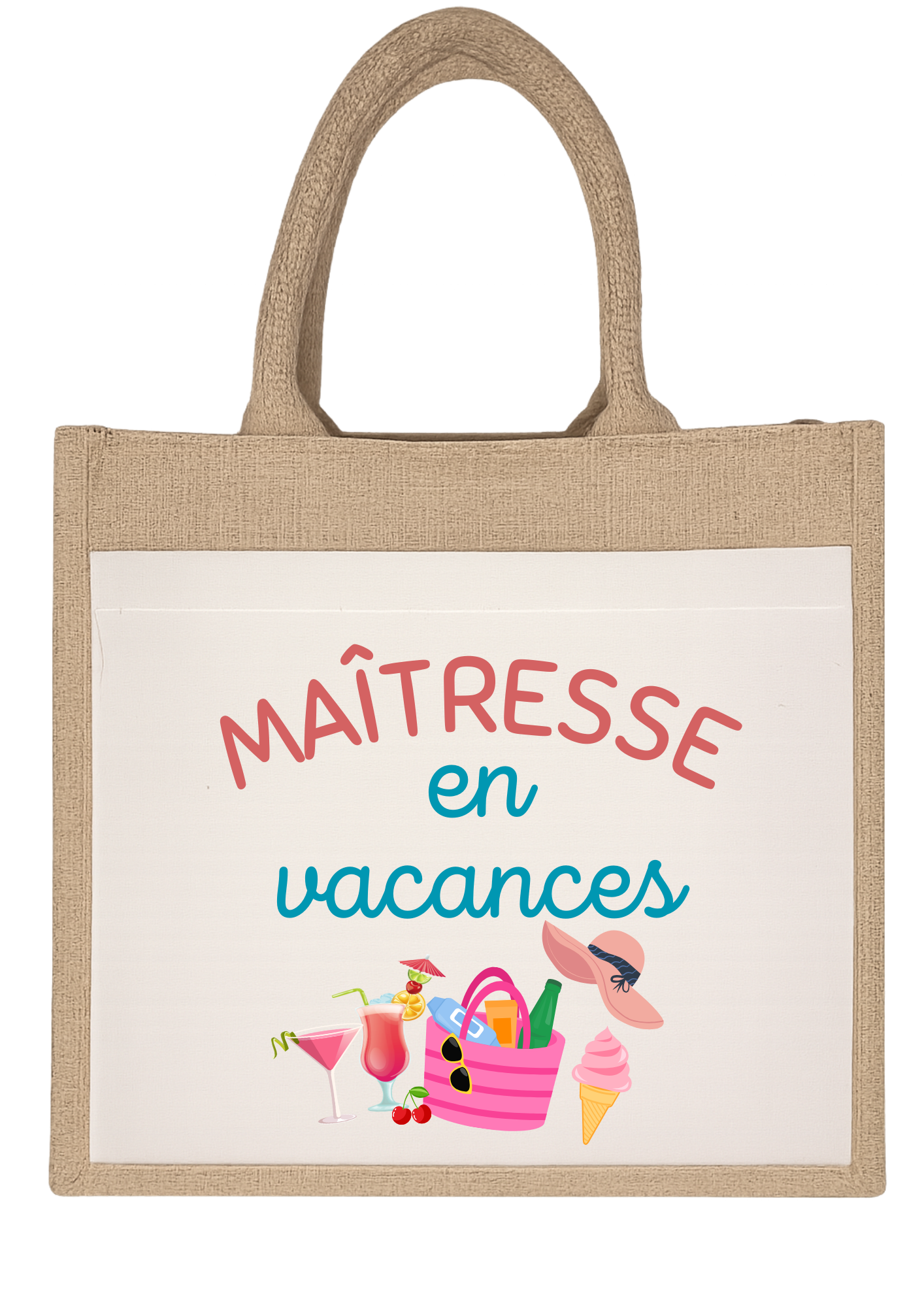 Sac toile de jute "Maîtresse en vacances"